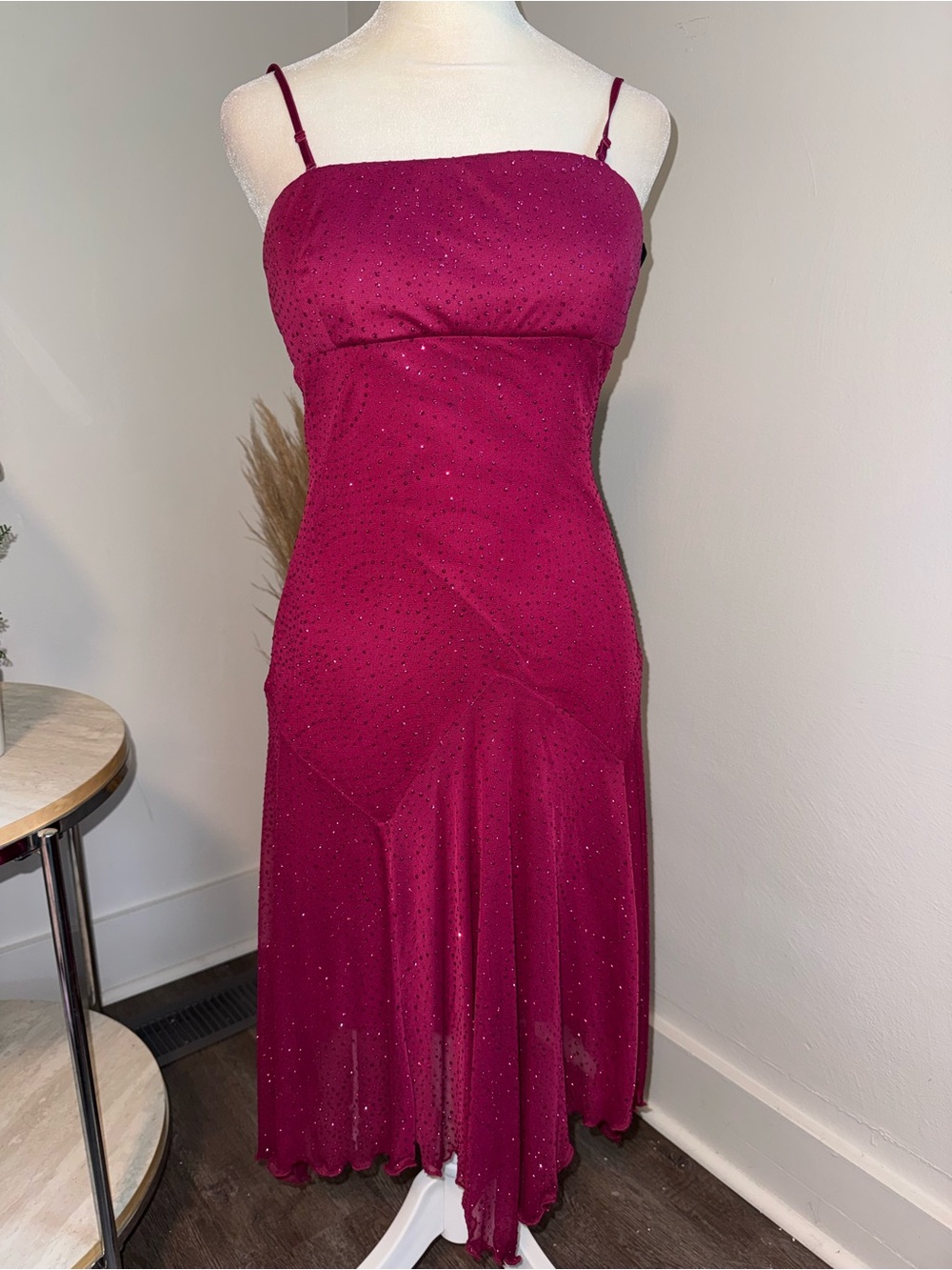 City Triangles Fuchsia Sparkle Spaghetti-Strap Asymmetrical Midi Dress